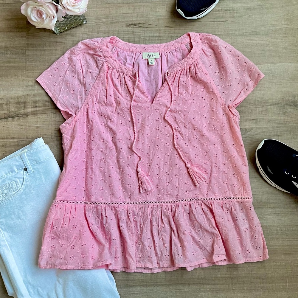 Style & Co | NWOT Bubble Gum Pink Eyelet Peasant Blouse